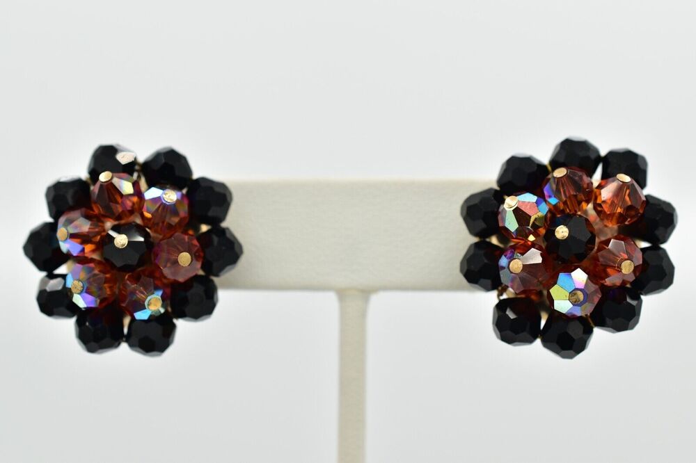 Vintage Clip On Orange Black Earrings AB Faceted Cluster Gold Halloween 1950s 9F